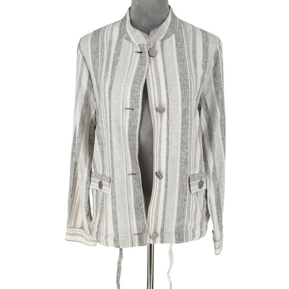 Jones NY Jacket Womens Medium Ivory Gray Linen Blend Mandarin Collar Blazer - Picture 2 of 16